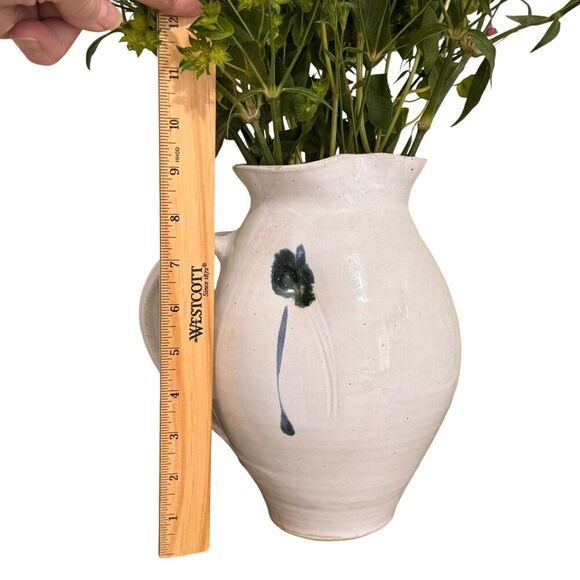 Studio Art Pottery Dimpled Floral Stoneware Pitcher Jug Signed Vase Cream/Blue - Picture 8 of 9